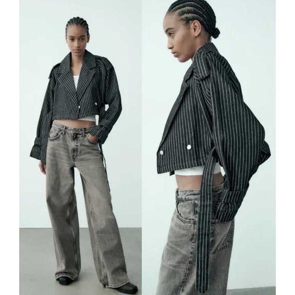 Zara Oversized Striped Cropped Denim Trench Jacket Black White Women's Size XL